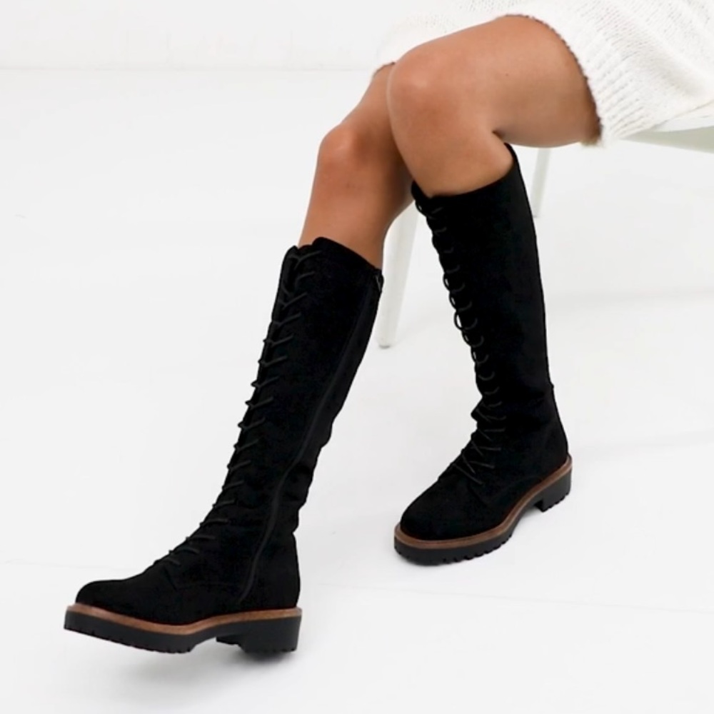 Knee high lace up suede boots